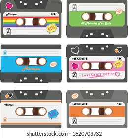 Vector abstract illustration. Set of 6 cassettes with retro label. Vintage object for 70s, 80s, 90s. Revival mix tape design, party poster or cover. Realistic vector sign or icon