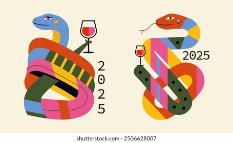 Conjunto de ilustración abstracta de Vector con serpientes de colores y copa de vino. Afiche de celebración de año nuevo 2025, Plantilla de tarjeta de felicitación.