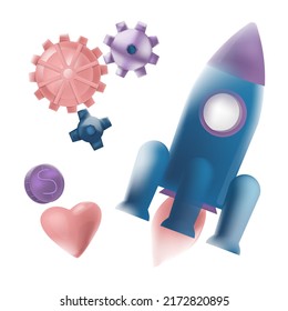 Vector Abstract illustration with a Set of Elements Rocket, three Gears, Coin, Heart Shape. Elements can be used in web design, banners, etc. in Concept of Business, Startup, Training, Finance, etc.