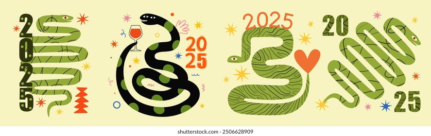 Vector abstract illustration set with green tree wood snakes and wine glass, heart, doodle elements. 2025 new year celebration poster, greeting card template.