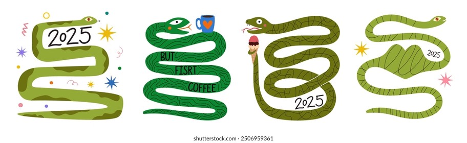 Conjunto de ilustración abstracta de Vector con serpientes de madera de árbol verde y Elementos de café, corazón, helado y doodle. Afiche de celebración de año nuevo 2025, Plantilla de tarjeta de felicitación.