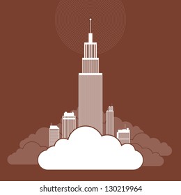 Vector abstract illustration of several buildings on a cloud, illustrating companies using cloud network for their businesses.