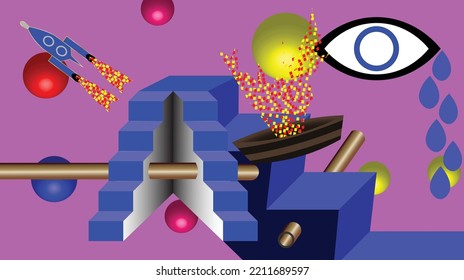 Vector abstract illustration in shades of blue and purple. Stairs leading to the stage. Space rocket, wooden boat, pipe. Eye, tears icon. Sphere on purple background. Surrealism, collage.