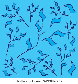 Ilustración vectorial abstracta en tonos azules. Sale de una rama en un color azul abstracto. Hojas, ramas, naturaleza. Naturaleza, textura, color azul.