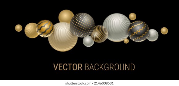Vector abstract illustration with shine textured bubble with pattern on black background. Template with black and golden color 3d decorative ball. 3d abstract style design with sphere shape for banner
