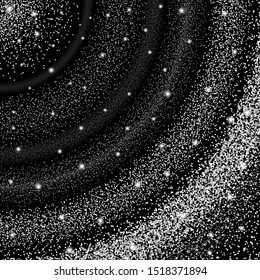 Vector abstract illustration with silver glitter rings. Sparkle shimmer particles template. Shining space dust on black background 