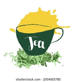 Vector abstract illustration with a simple cup of tea, lettering on a background of green grass and splashes. Concept tea, break, afternoon. It can be used for label design, web design, banners, etc.