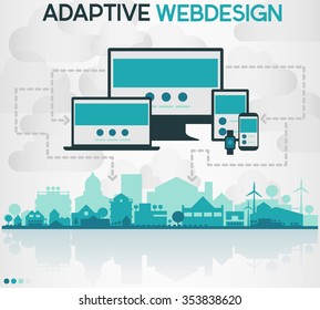 Vector abstract illustration of small city skyline in front of cloudy sky, and gadgets and devices, connecting to a network