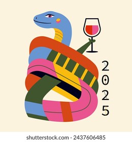 Ilustración abstracta del vector con la serpiente y la copa de vino. Cartel de la celebración del año nuevo 2025, plantilla de tarjeta de felicitación.