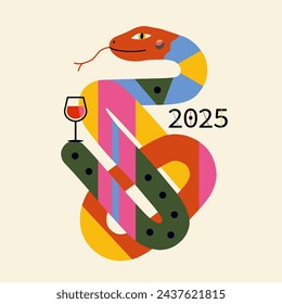 Ilustración abstracta del vector con la serpiente y la copa de vino. Cartel de la celebración del año nuevo 2025, plantilla de tarjeta de felicitación.