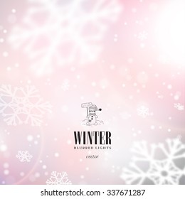 Vector abstract illustration with snowflakes and multicolored blurred backdrop. Cartoon snowmen and lettering. Winter theme. 