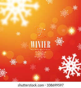 Vector abstract illustration. Snowflakes and red blurred backdrop. Cartoon snowmen and lettering on foreground. Christmas and New Year theme.