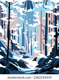 Ilustración vectorial abstracta de bosque nevado, bosque nevado, paisaje boscoso de invierno exuberante, vector, patrón plano, para banner, afiche, paisaje nevado 