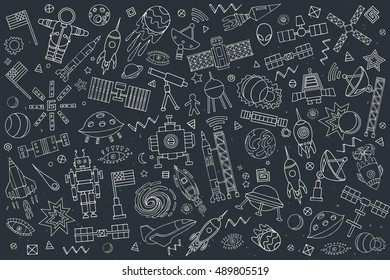 Vector abstract illustration of space. Solar system. Moon, astronaut, planet, rocket, earth, cosmonaut, comet, universe, orbit. Technology. Hand drawn comic.