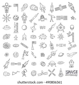 Vector abstract illustration of space. Solar system. Moon, astronaut, planet, rocket, earth, cosmonaut, comet, universe, orbit. Technology. Hand drawn comic. 