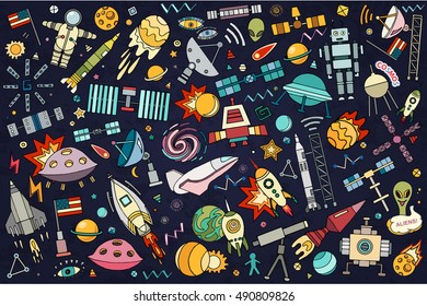 Vector abstract illustration of space. Solar system. Moon, astronaut, planet, rocket, earth, cosmonaut, comet, universe, orbit. Technology. Hand drawn comic.  