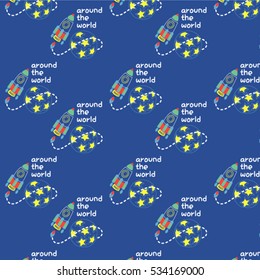 Vector abstract illustration of space.Moon, planet, rocket, earth, cosmonaut, comet, universe, orbit. Technology. Hand drawn comic.