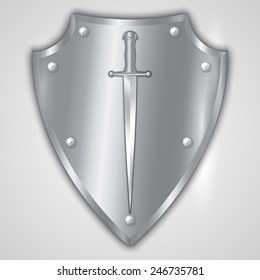 Vector abstract illustration of stainless steel shield with rivets and engraved sword