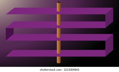 Ilustración abstracta vectorial. Una franja de varias plantas unida a un lado. Violeta. Representación geométrica, efecto 3D. Una columna recorre los carriles. Suelo, niveles diferentes, fondo de pantalla de archivo.