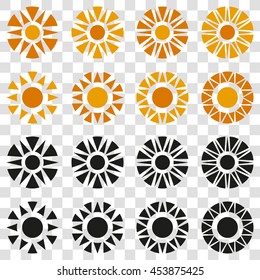 Vector abstract illustration of sun collection. 16 orange and black objects. Isolated on transparent background. Eps 8.