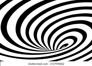 Vector abstract illustration of swirl vortex with stripes. Trendy 3d background in op art style, optical illusion.