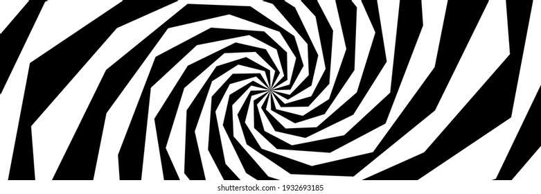 Vector abstract illustration of swirl, vortex pattern. Trendy background in op art style, optical illusion. Long horizontal banner.