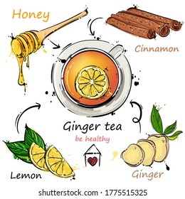 Vector abstract illustration with tea mug, ginger, cinnamon, honey and lemon. Ginger tea recipe. Be healthy! Hand drawing