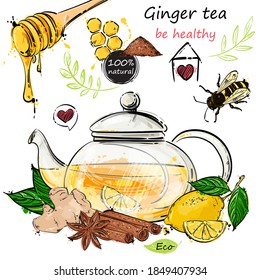 Vector abstract illustration with  teapot, ginger, cinnamon, honey and lemon. Ginger tea recipe. Be healthy! Hand drawing