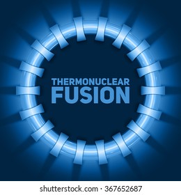 Vector abstract illustration of thermonuclear fusion reactor. Plasma current flows in toroidal field coils. Tokamak or stellator simplified construction. Blue glow of energy.