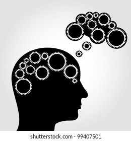 vector abstract illustration of thinking with gears in brain and cloud