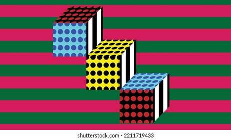 Vector Abstract Illustration. Three Cubes With Dotted Fill On Two Visible Sides And Line Fill On The Other Visible Side. Background Behind Objects In Regular Stripes. Abstract, Contrast, Stripes, Line