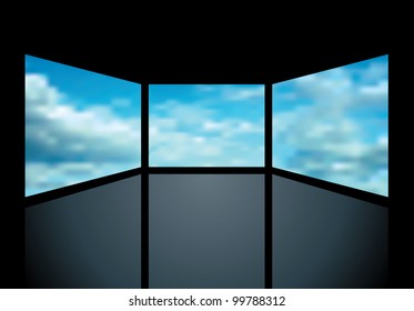 Abstrakte Vektorillustration mit drei Bildschirmen mit Wolken