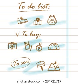 Vector abstract illustration of To-do list with hiking elements: tent, backpack, hiking boots, compass etc