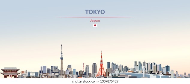 Vector Abstract Illustration Of Tokyo City Skyline On Colorful Gradient Beautiful Day Sky Background With Flag Of Japan