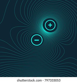Vector abstract illustration with topographic lines of two charged particles interacting in dark blue cyan colors. Magnetic field between two atoms.