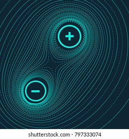 Vector abstract illustration with topographic lines of two charged particles interacting. Magnetic field between two atoms.