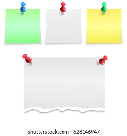 Vector abstract illustration of a torn sheet of paper and stickers attached by stationery pins. Isolated on white background.