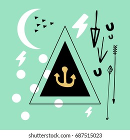 Vector abstract illustration. Triangles, anchor, arrows. Poster, print. 