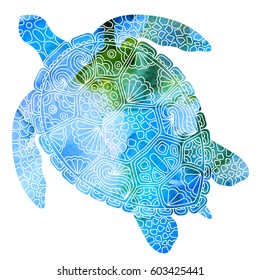 Vector abstract illustration of turtle (tortoise) silhouette with decorative ethnic ornaments with blue watercolor painted texture.