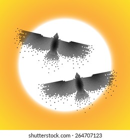 Vector abstract illustration. Two eagles on a background sun