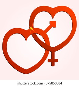 Vector abstract illustration of two hearts with male and female signs