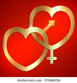 Vector abstract illustration of two hearts with male and female signs