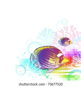 Ilustración abstracta vectorial - mundo submarino con peces tropicales dibujados a mano