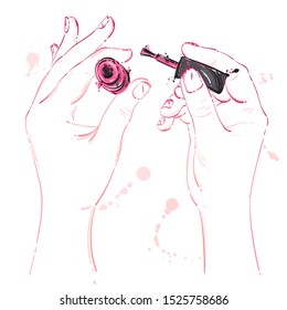 Vector abstract illustration with a varnish brush in hand. Beauty and fashion. Manicure. Beauty salon. Glamorous fashion illustration.
