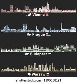 vector abstract illustration of Vienna, Prague, Budapest and Warsaw cities skylines at night in bright color palettes isolated on black background vector abstract illustration of Vienna, Prague, Budapest and Warsaw cities skylines at night in bright color palettes isolated on black background