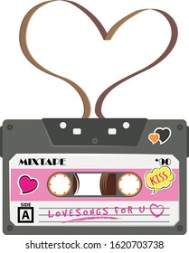 Vector abstract illustration of Vintage Cassette with funny stickers, object for 80s design, party poster or cover. Flat vector sign or icon. Retro gift for St. Valentine' Day