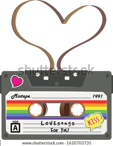 Vector abstract illustration of Vintage Cassette with funny stickers, object for 80s design, party poster or cover. Flat vector sign or icon. Retro gift for St. Valentine' Day with Pride Flag