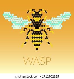 Vector abstract illustration of a wasp, consisting of hexagons, on an orange gradient background. For banner, sites, social networks, prints.