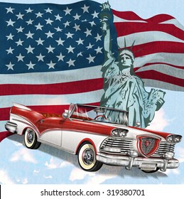 Vector abstract illustration of a waving US flag and retro car.