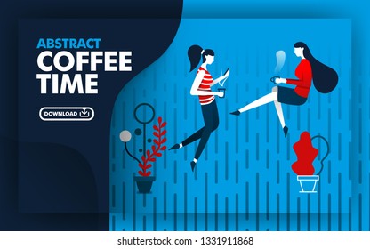 Vector abstract illustration .illustration website banner with blue, dark blue and red with coffee time theme. two women were relaxing drinking coffee in the rain. can use for page. Flat cartoon style